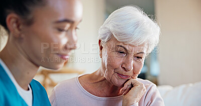 Buy stock photo Assisted living, happy and nurse with senior woman in apartment for care, checkup or consulting. Healthcare, medical and old person in retirement home with caregiver for conversation or feedback