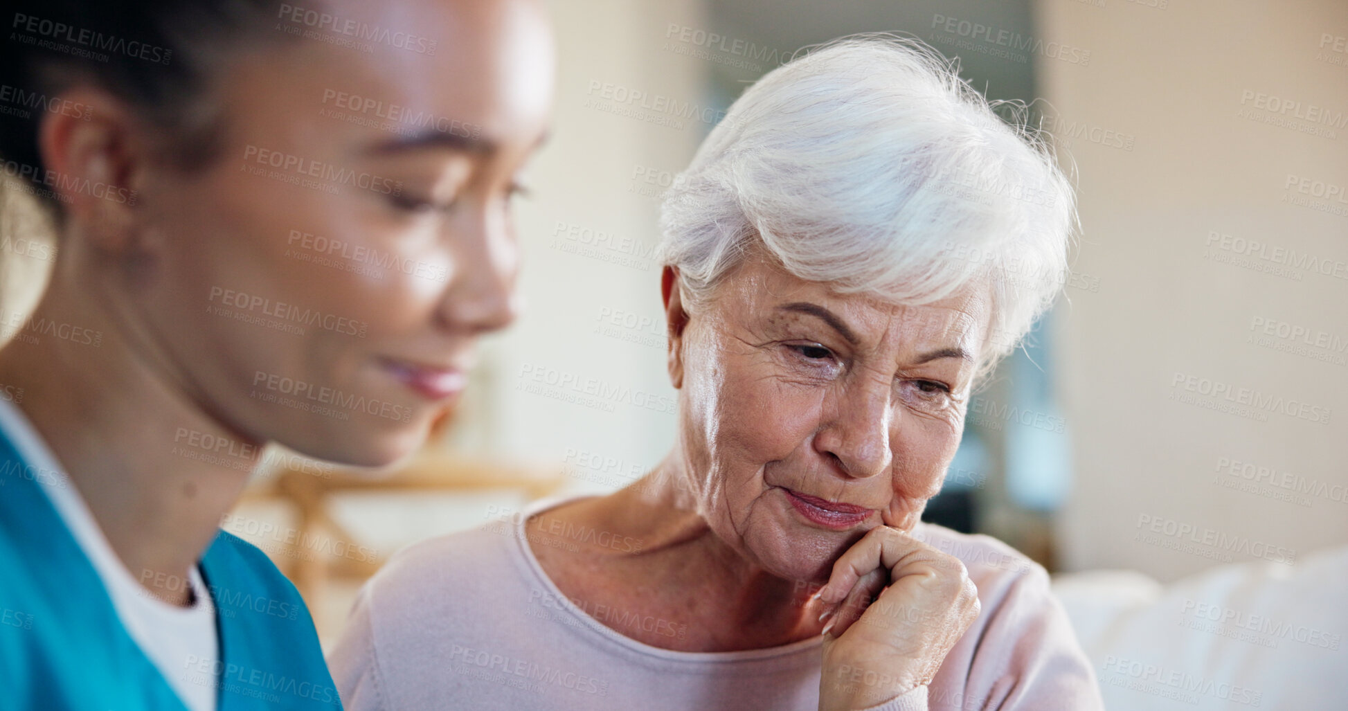 Buy stock photo Assisted living, happy and nurse with senior woman in apartment for care, checkup or consulting. Healthcare, medical and old person in retirement home with caregiver for conversation or feedback