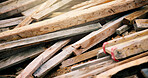 Lumber, demolition and pile of wood on construction site, closeup or material for renovation project. Outdoor, timber and planks for property development, house improvement and civil engineering