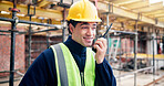 Building, radio and talking with man on construction site for project management or property development. Communication, engineering and feedback with person outdoor for architecture or design
