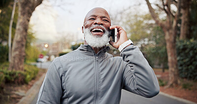 Buy stock photo Fitness, laugh and old man in park with phone call, morning walk and funny feedback for exercise. Happy, senior black person and outdoor with tech for contact, humor and listen to advice for workout.