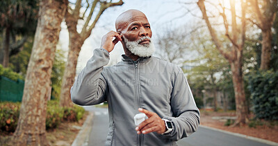 Buy stock photo Fitness, earphones or old man in park with prep, playlist or audio streaming in senior activity. Active, tech or black person with start, outdoor workout or music subscription in retirement hobby.