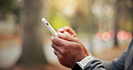 Fitness, hands and phone with person outdoor for cardio training, sports tracking or workout. App, exercise and health activity with runner in nature for development, progress or wellness report