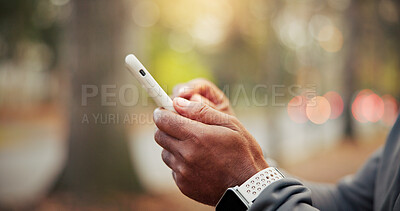 Buy stock photo Fitness, hands and phone with person outdoor for cardio training, sports tracking or workout. App, exercise and health activity with runner in nature for development, progress or wellness report