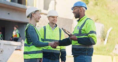 Buy stock photo Handshake, engineering team and tablet on construction site for welcome, proposal or introduction. Architect people, hello and inspector with tech for building collaboration to property development