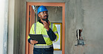 Construction, foreman or clipboard with site radio for task coordination, renovation safety or talk. Project manager, black person and communication for labor pacing, building inspection or checklist