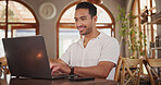 Owner, man and happy with laptop in cafe for sales profit, positive reviews or online inventory. Small business, manager or typing on tech for site update, digital menu or smile for restaurant rating