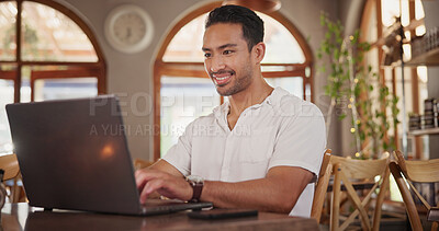 Buy stock photo Owner, man and happy with laptop in cafe for sales profit, positive reviews or online inventory. Small business, manager or typing on tech for site update, digital menu or smile for restaurant rating