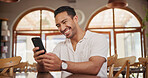 Laughing, phone and scroll with man in restaurant for online review, communication and menu search. Coffee shop rating, funny meme and contact with person and tech for social media, relax and chat