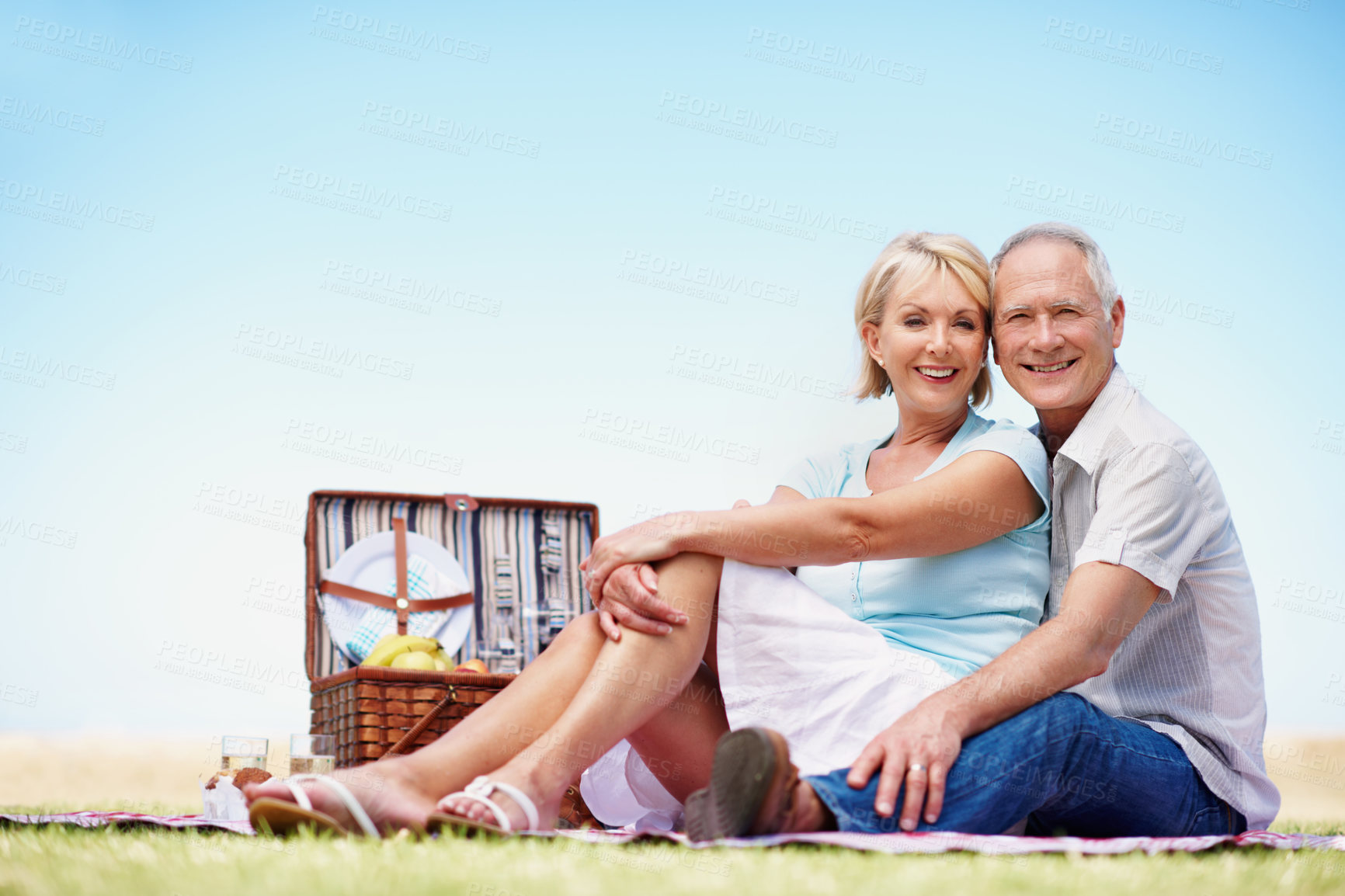 Buy stock photo Love, peace and portrait of old couple at picnic for bonding, connection and lunch date. Anniversary, retirement and summer vacation with senior man and woman in nature for relax, space and marriage 