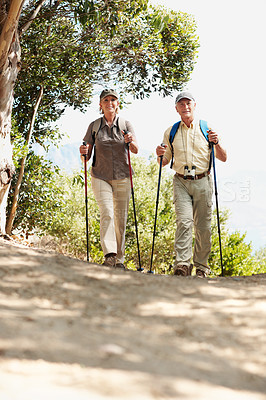 Buy stock photo Shot of an adventurous senior couple walking together in the forest