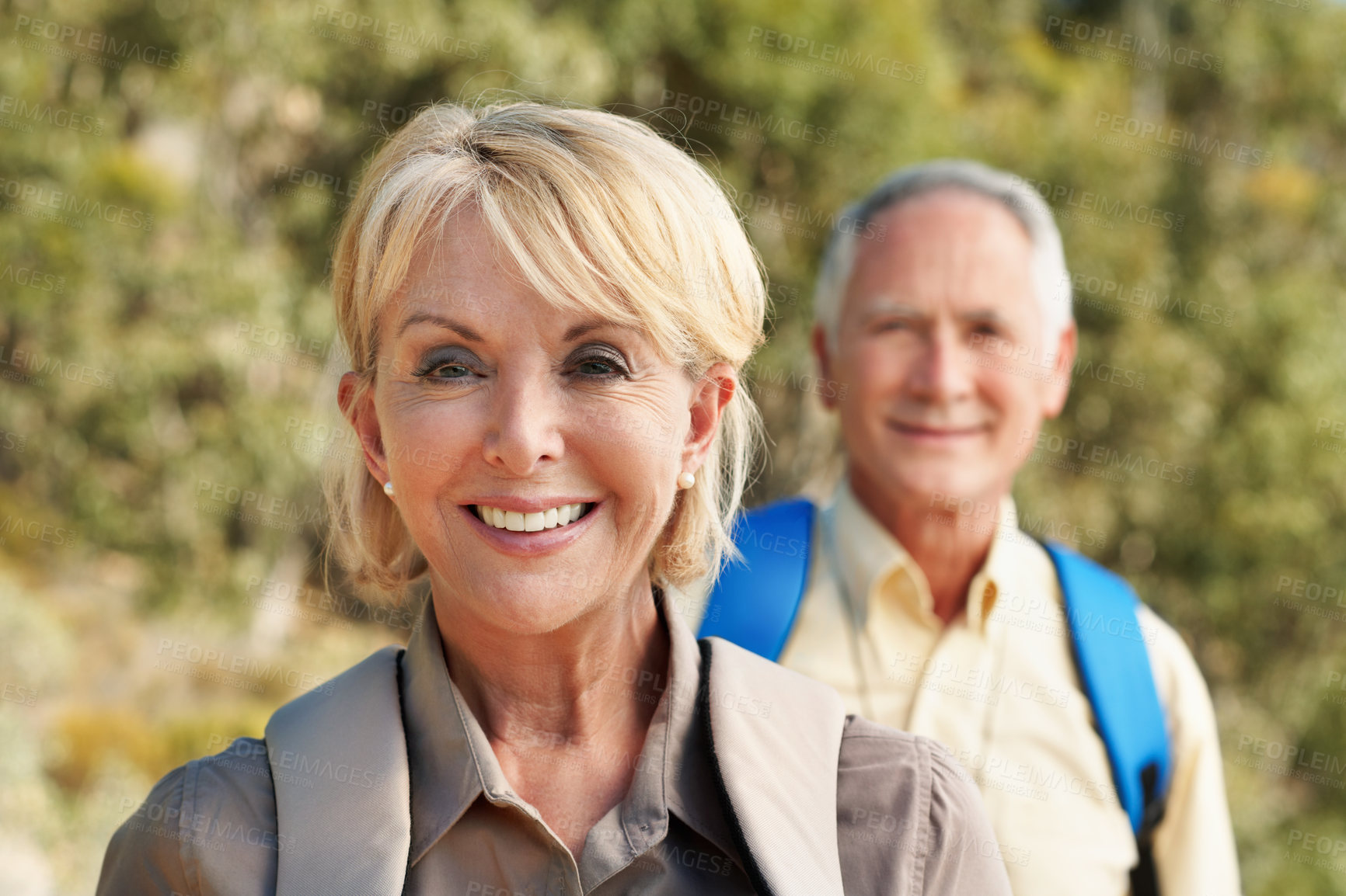 Buy stock photo Happy, hiking and portrait with old couple in nature for trekking, fitness and adventure. Wellness, retirement vacation and backpacking with senior man and woman in forest for travel and trip