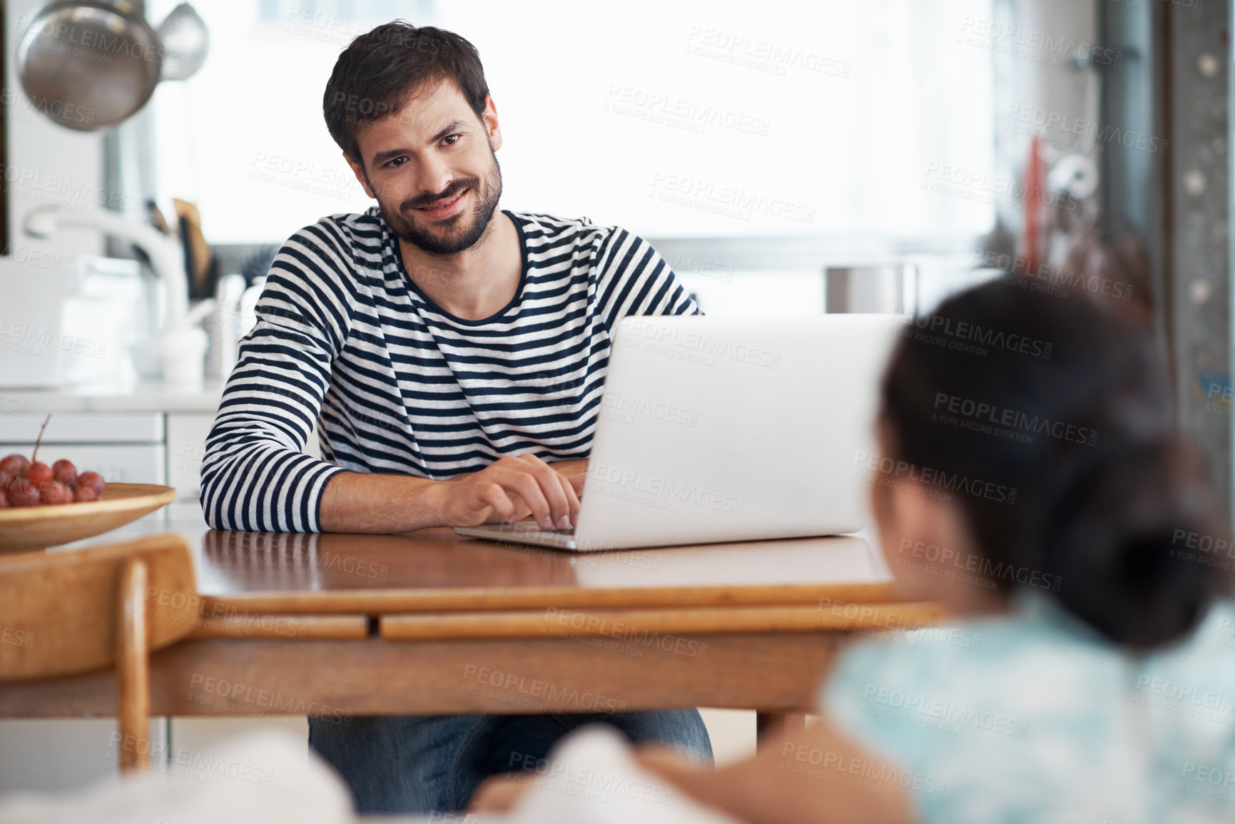 Buy stock photo Couple, home and happy man with laptop, creative or discussion with partner on break and remote work. Freelancer, research and person with technology, online and smile with spouse and love in house