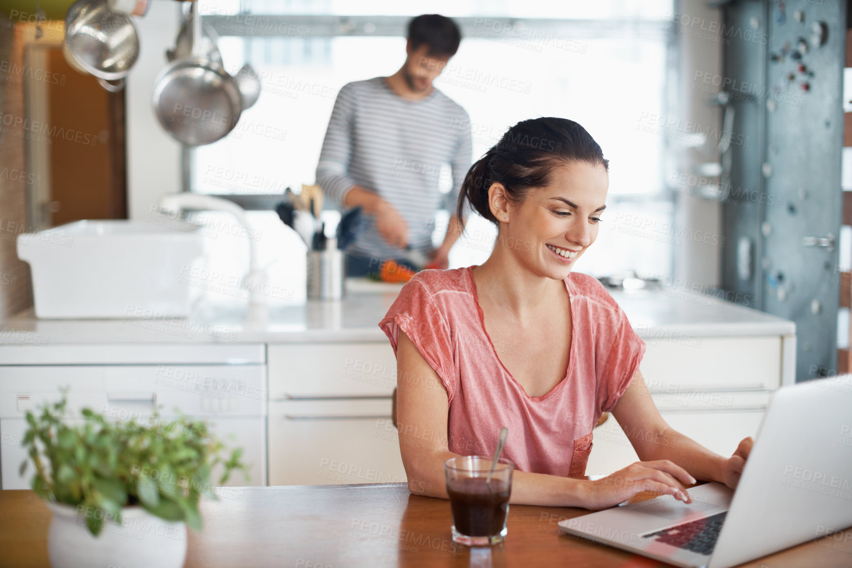 Buy stock photo Laptop, happy and woman in home with remote work for creative career with article planning. Smile, technology and magazine editor with computer for research on freelance blog post in apartment.