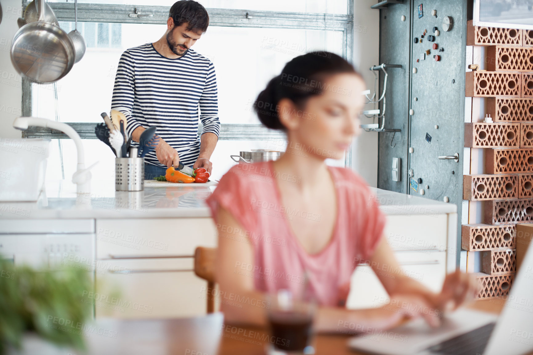 Buy stock photo Home, husband or cooking vegetables for meal prep, dinner and domestic equality in relationship. Couple, man and cut ingredients for supper, homemade food and partner support in shared responsibility