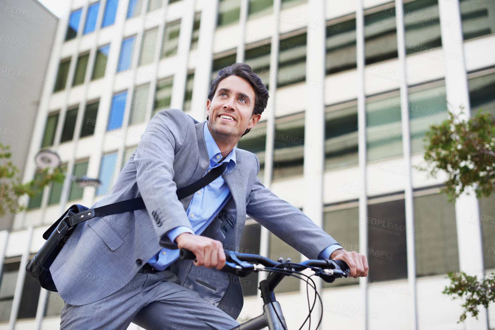 Buy stock photo City, thinking and businessman on bicycle for travel, commute and trip with eco friendly transport. Thoughtful, low angle and happy person with bike, cycling and journey to corporate office in town 