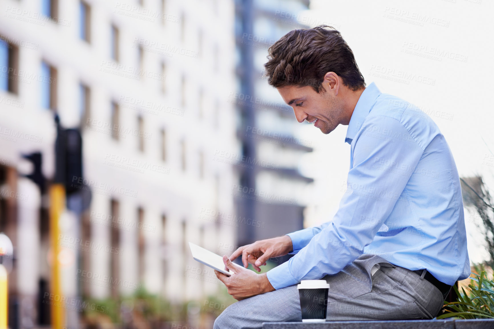 Buy stock photo Tablet, smile and businessman with realtor in city for market research, networking or search. Real estate agent, person and app with employee outdoor in town for morning commute, tech and schedule