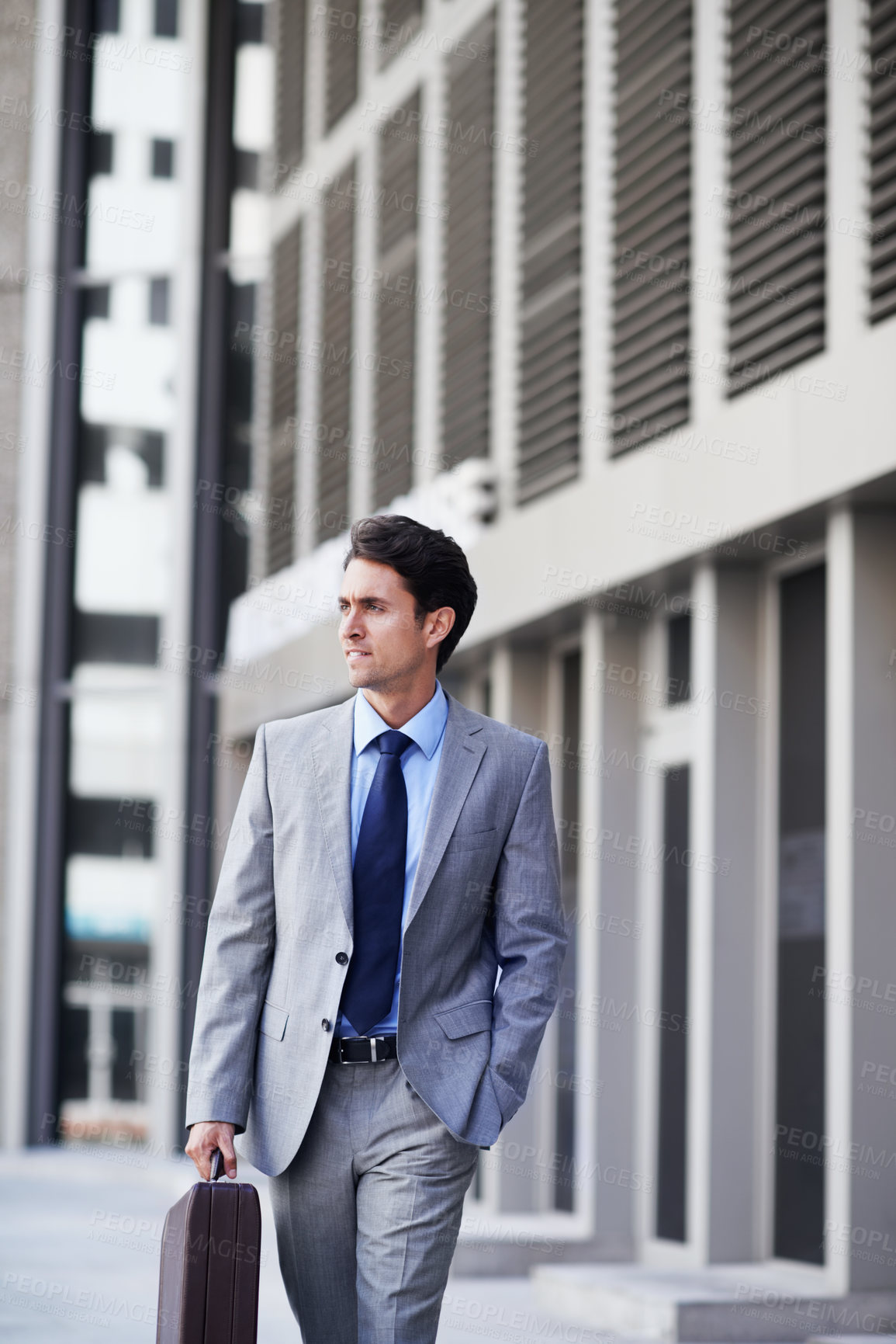 Buy stock photo Businessman, thinking and travel with briefcase in city, walking and planning for urban development. Outdoor, town planner and person with job opportunity, commute and contemplating career decision