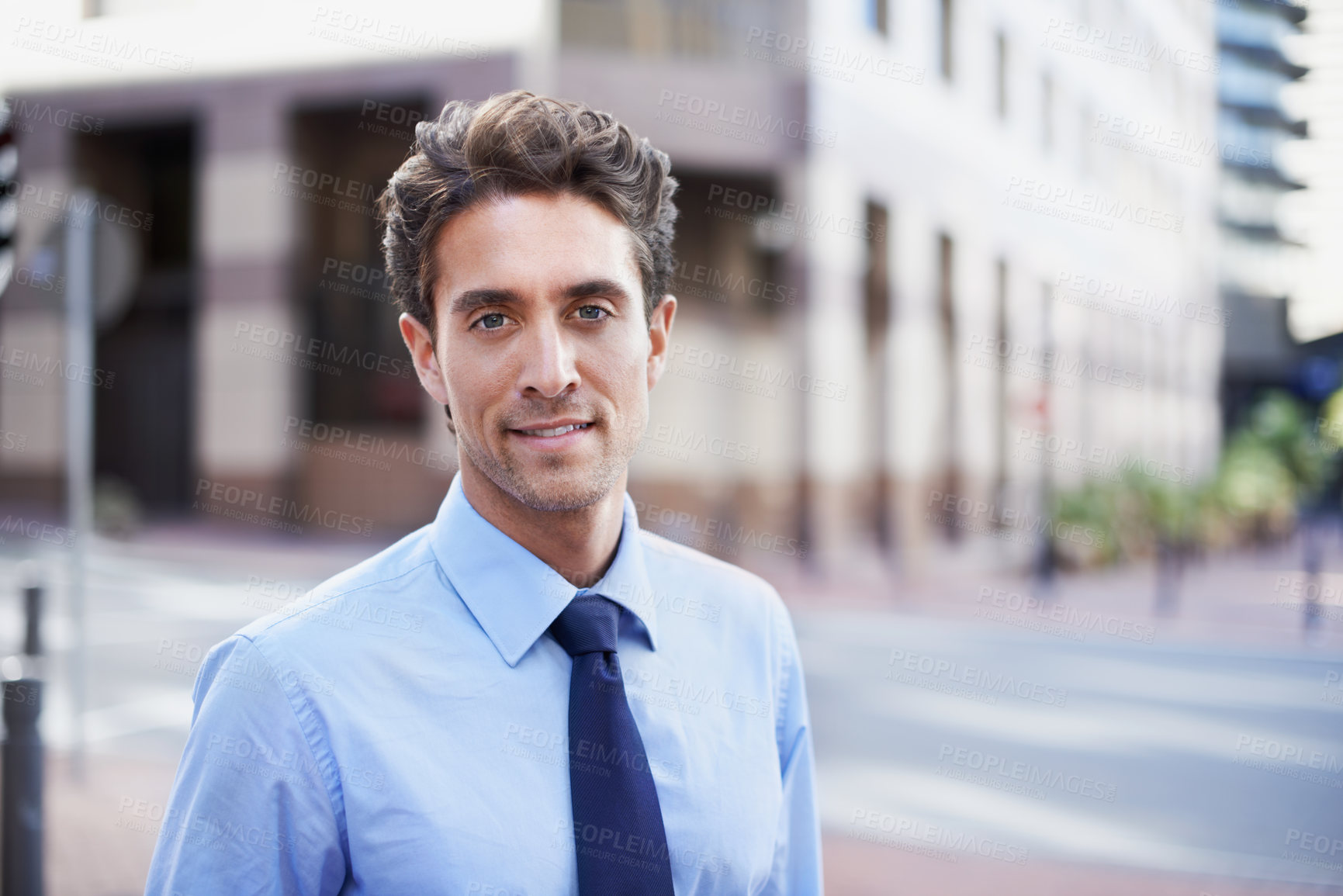 Buy stock photo Portrait, business and man in city for travel, career pride and about us for real estate. Smile, male person and realtor in town for morning commute, ambition and positive attitude of property resale