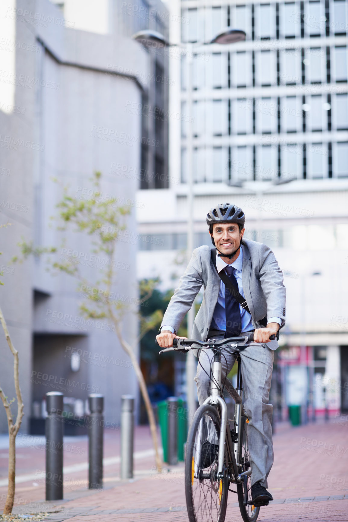 Buy stock photo Business, happy and man on bicycle in city for morning commute, travel and trip to workplace. Corporate, town and person with bike, helmet and cycling for eco friendly transport or sustainability