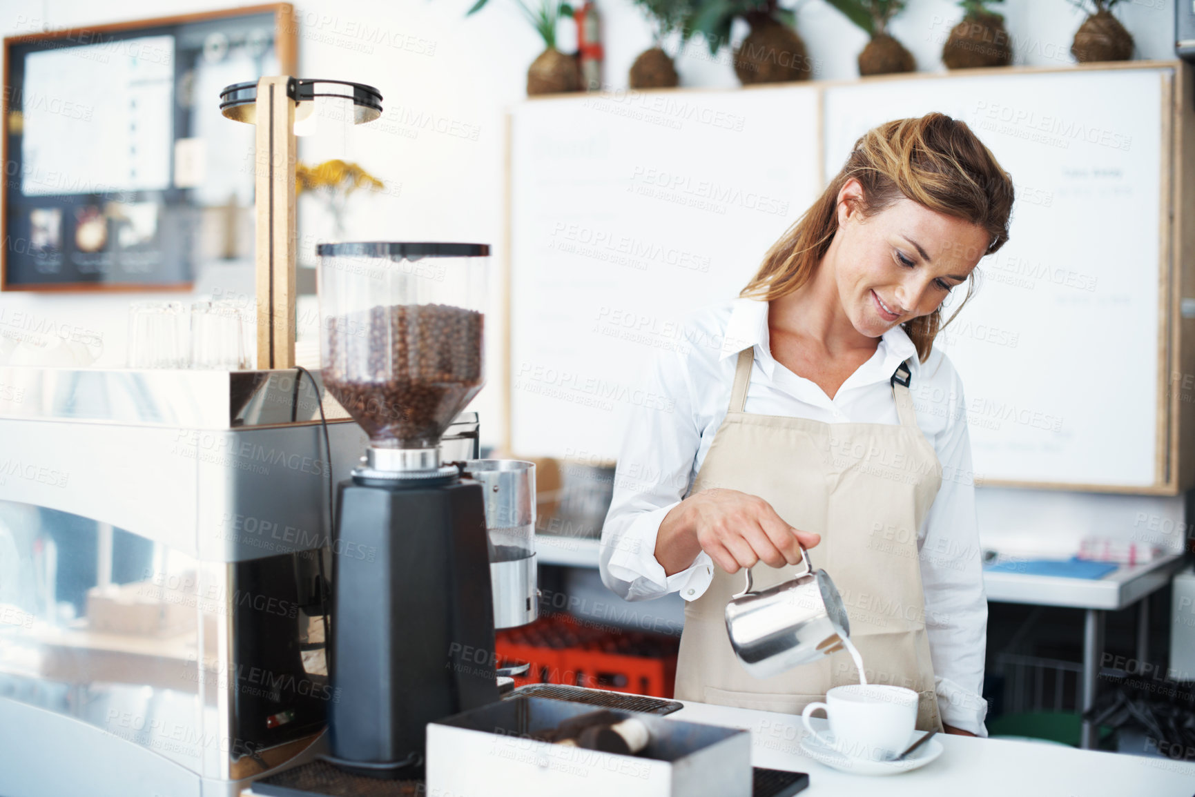 Buy stock photo Barista, woman and smile with order for cafe management, retail catering or customer service. Small business owner, person and hospitality with milk for cappuccino, coffee shop and serving beverage