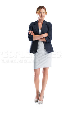 Buy stock photo An attractive businesswoman standing isolated on white with her arms folded