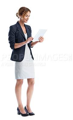 Buy stock photo Full length shot of a smiling businesswoman using a digital tablet while isolated on white