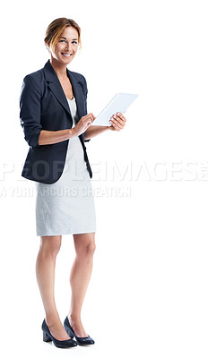 Buy stock photo Full length shot of a smiling businesswoman using a digital tablet while isolated on white
