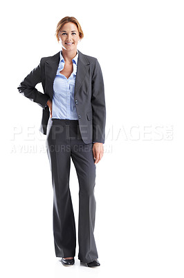 Buy stock photo Full length portrait of a confident businesswoman with her hand on her hip while isolated on white