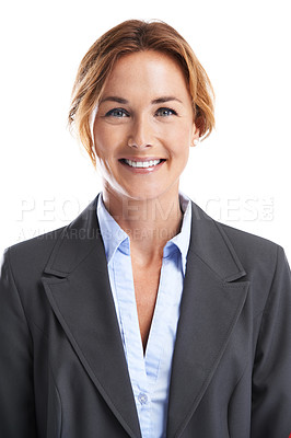 Buy stock photo Portrait of a confident businesswoman smiling while isolated on white