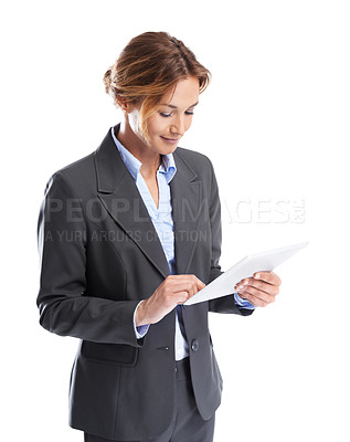 Buy stock photo Cropped shot of a smiling businesswoman using a digital tablet while isolated on white