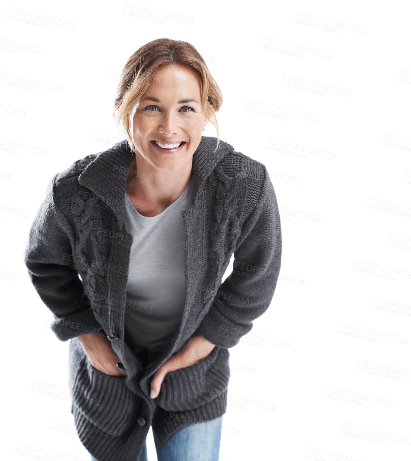 Buy stock photo Portrait, fashion and woman in sweater, studio and smile with casual outfit or confident with jersey. White background, space and happy person with cardigan, positive attitude and warm clothes in USA