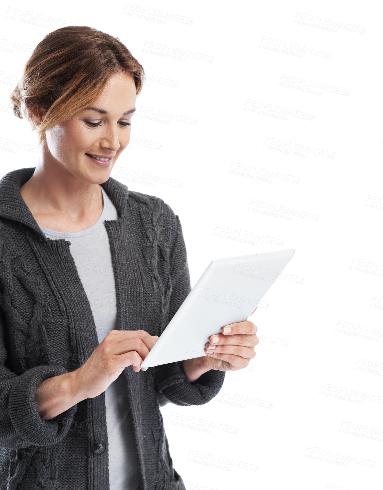 Buy stock photo Ebook, smile or woman in studio with tablet, web search or online library on storytelling app. Happy, space or person on white background with tech, virtual browse or reading on literature platform.
