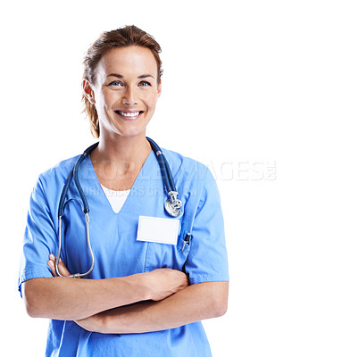 Buy stock photo An attractive female doctor smiling while standing with her arms folded and isolated on white