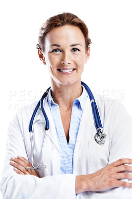 Buy stock photo An attractive female doctor smiling while standing with her arms folded and isolated on white