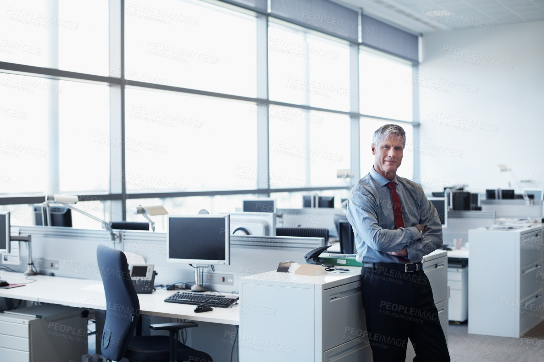 Buy stock photo Happy, portrait and businessman with arms crossed in office, accountant and pride for career growth. Business, employee and mature person with smile, confident and financial opportunity in Canada