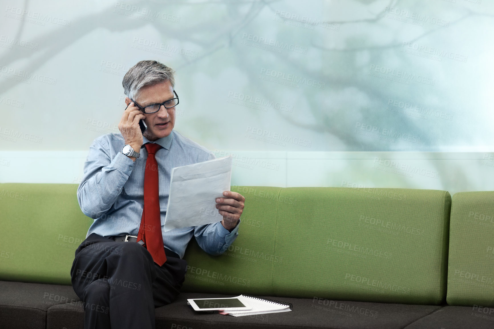 Buy stock photo Phone call, documents and business man in lobby with space, financial advice and negotiation. Corporate, cellphone and mature person for talking, contact and consulting for investment portfolio