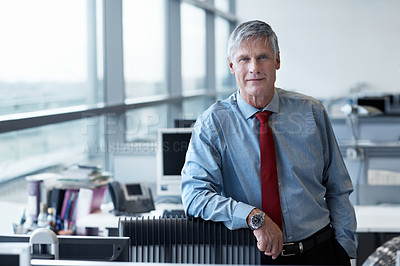 Buy stock photo Portrait of a confident senior businessman standing in an office