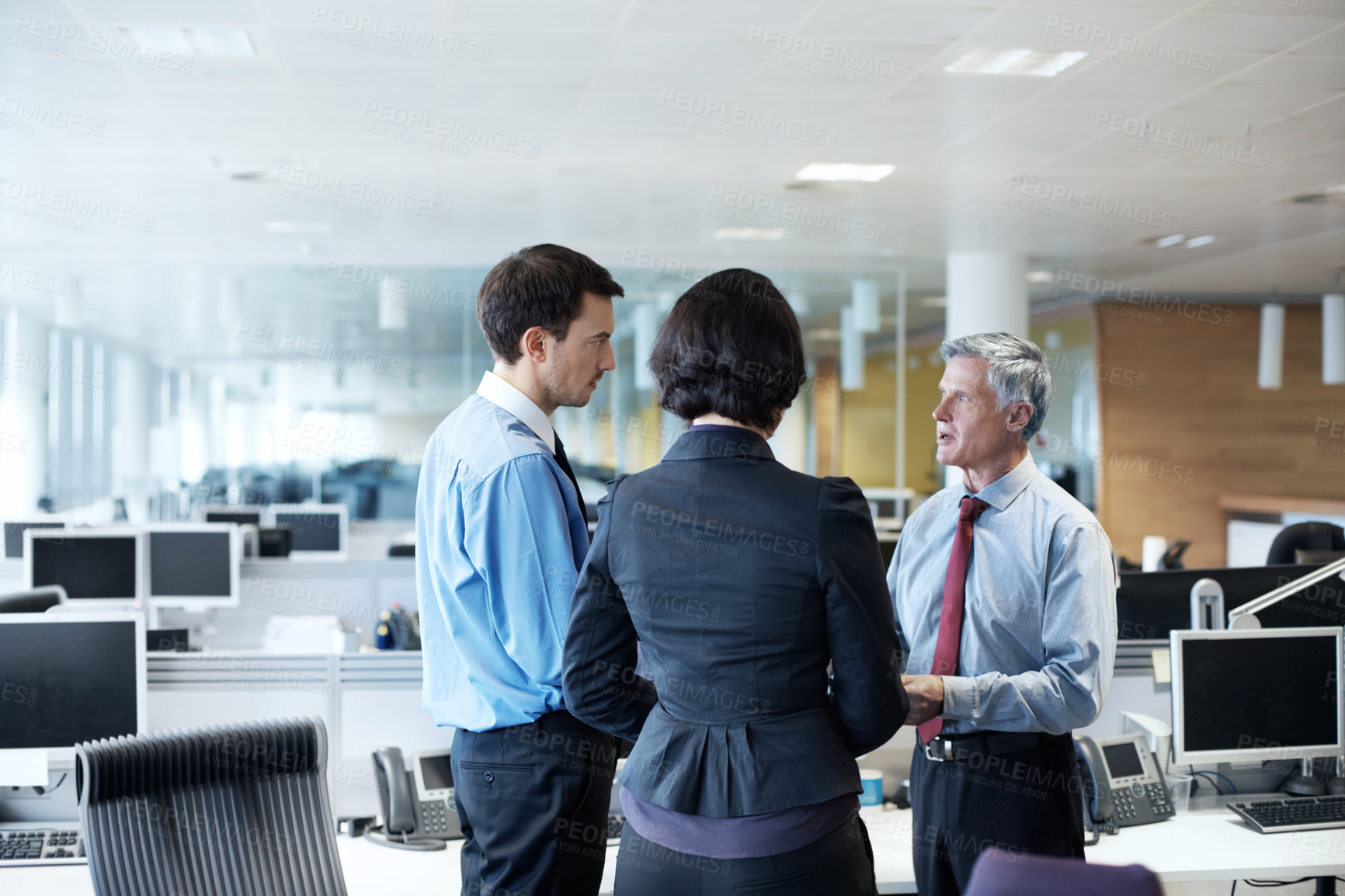 Buy stock photo Business people, conversation and team with ideas, meeting or brainstorming for investment proposal. Colleagues, talking and planning for financial growth, discussion and collaboration for project