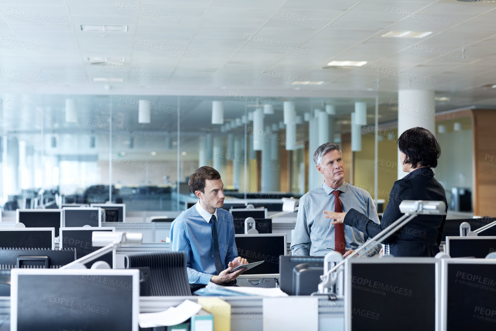 Buy stock photo Team, research and business people with tablet, meeting and planning for investment proposal on web. Office, discussion and group with technology, collaboration and strategy for financial growth