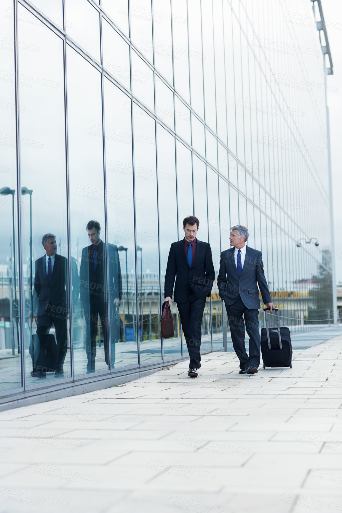Buy stock photo Team, travel and suitcase with business people in city for broker convention, journey and airport flight. Career opportunity, partnership and commute with employees and luggage for conference