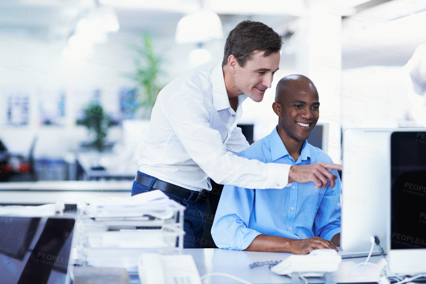 Buy stock photo Computer, pointing and team with business people in office for bookkeeping, budget report and tax records. Payroll audit, revenue review and partner with employees in agency for online account