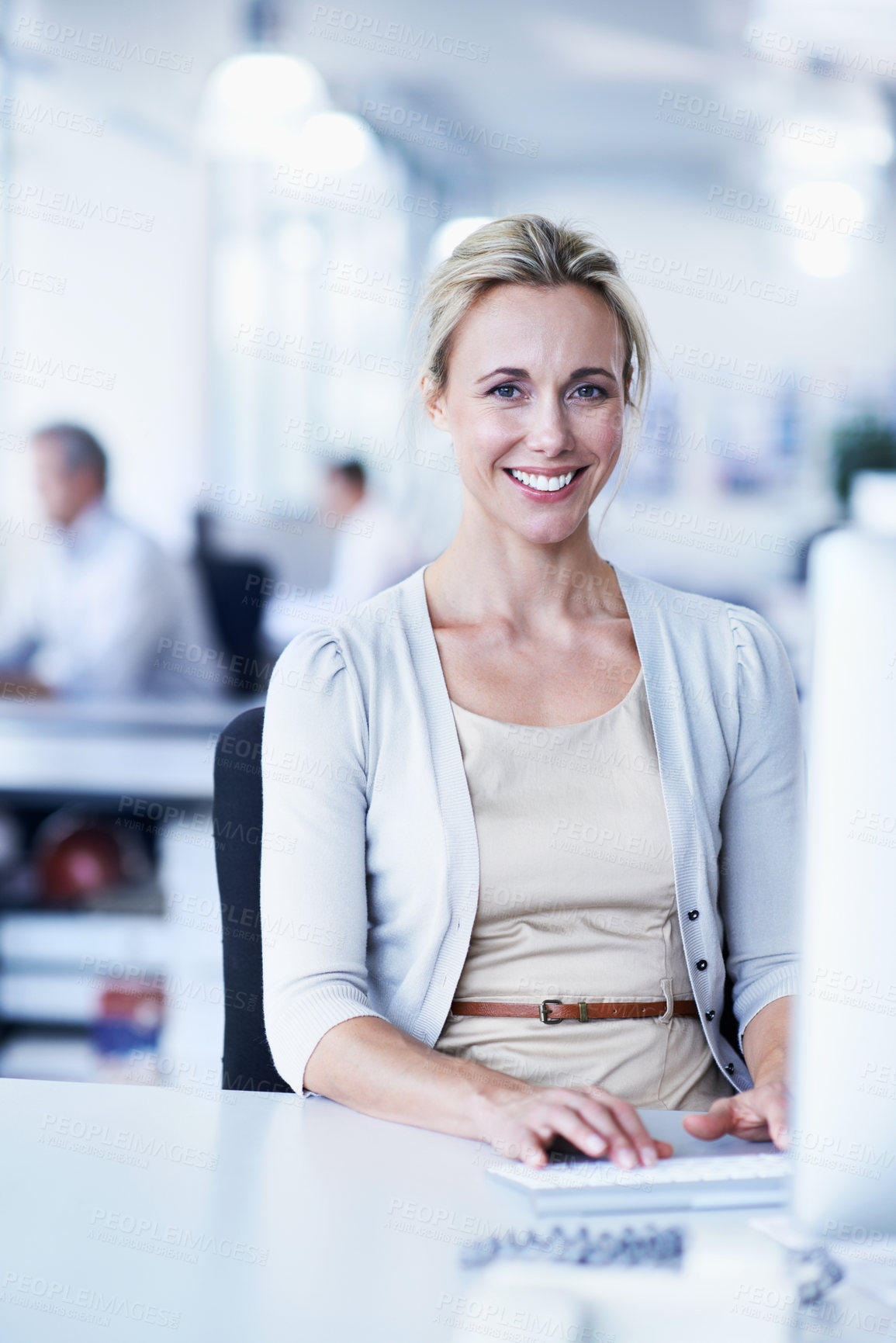 Buy stock photo Computer, portrait and smile with business woman in office for account review, administration and research. Bank records, deposit invoice and revenue report with employee and tech for budget