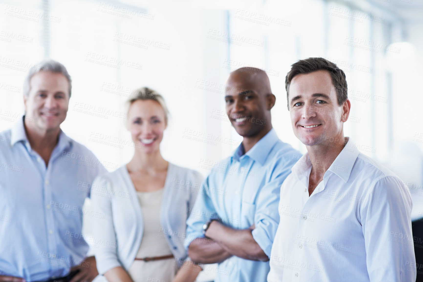 Buy stock photo Team, support and portrait of business man in office for partnership, about us and mission. Solidarity, collaboration and diversity with employees in agency for pride, professional and opportunity