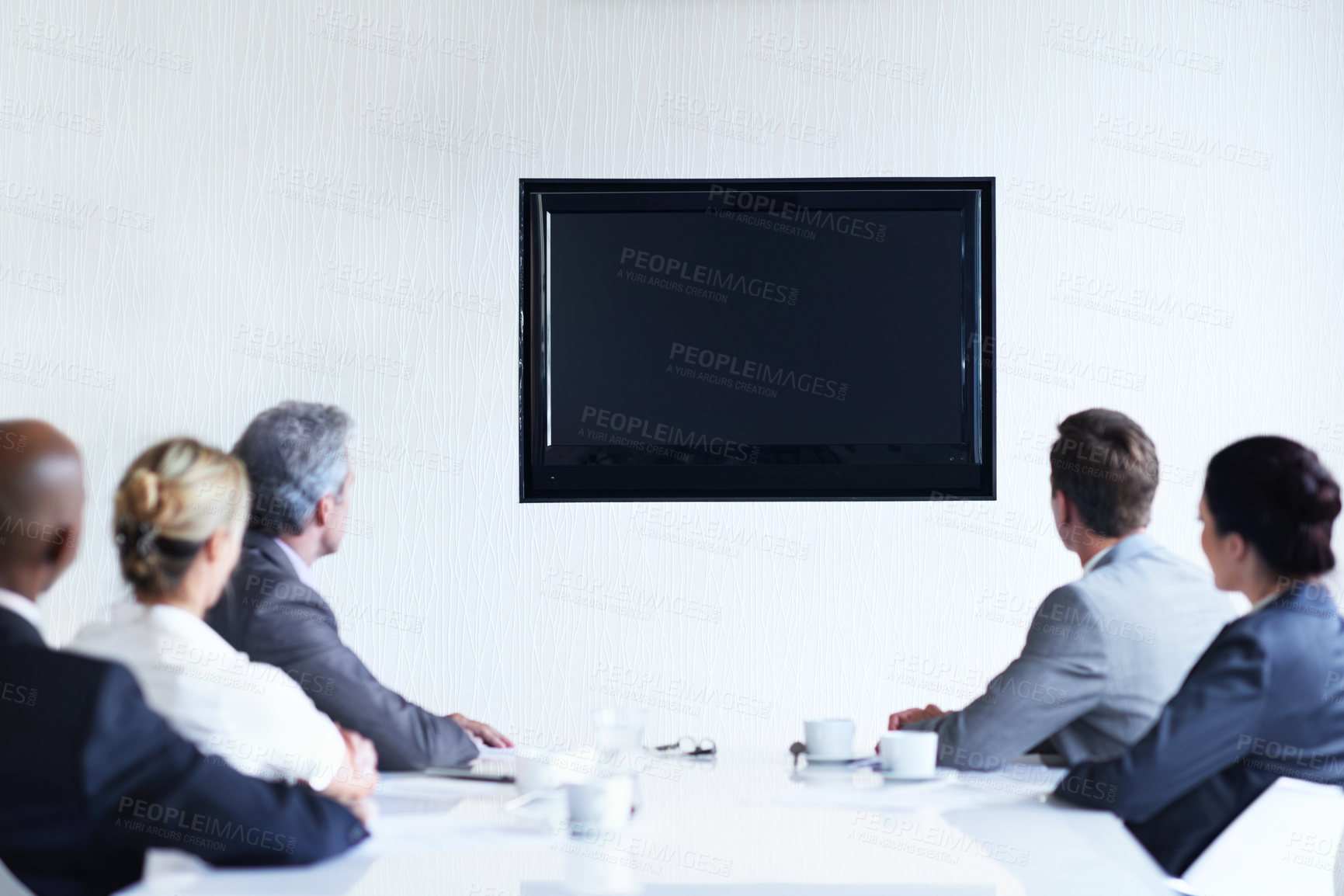 Buy stock photo Business people, screen or mockup for video call with team, virtual and meeting in office. Monitor, space and seminar for collaboration, corporate workshop or webinar with back of group in boardroom