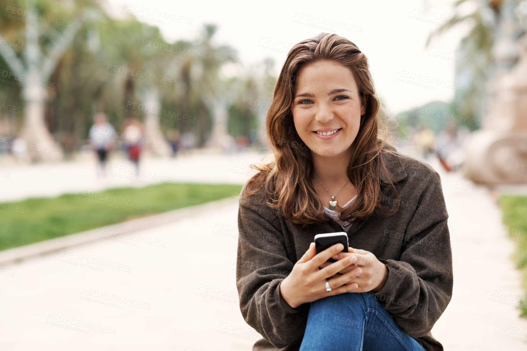 Buy stock photo Phone, college and portrait of woman in park for student application, social media or smile. University portal, online academy review and communication with person outdoor for campus newsletter