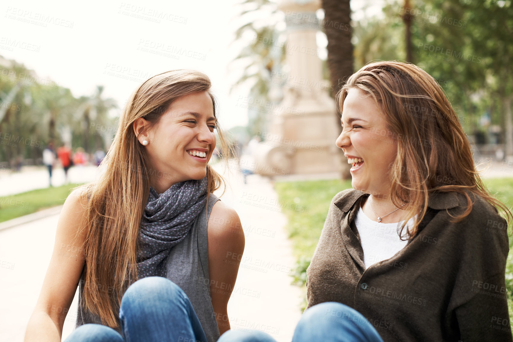 Buy stock photo Smile, laughing and college with friends on campus for education growth, bonding and future. University opportunity, happy and pride with people outdoor for development, study and gen z students