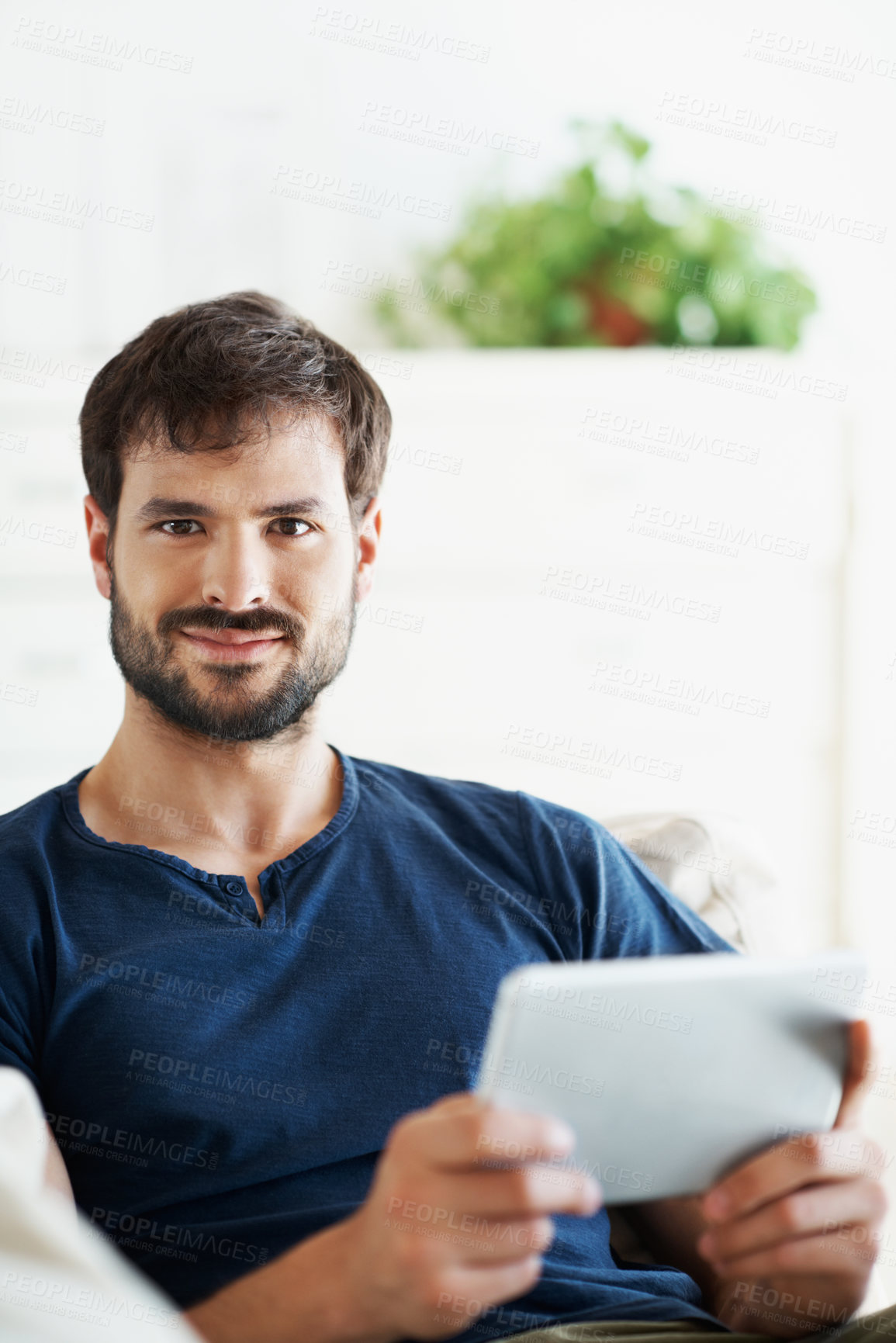 Buy stock photo Tablet, relax and portrait of man on sofa in home for streaming service, movie search and media app. Online film platform, subscription and chill with person in house for connection and entertainment