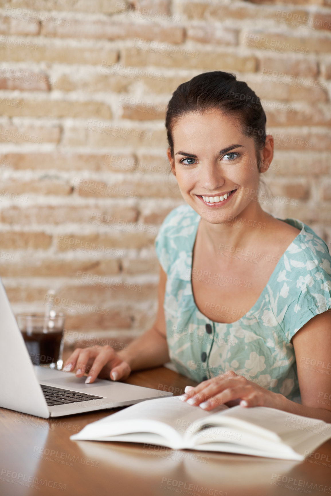 Buy stock photo Laptop, book and portrait with woman in home for planning, morning email or ebook author. Digital publishing, research or remote work with female person in house for editor, smile and proofreading