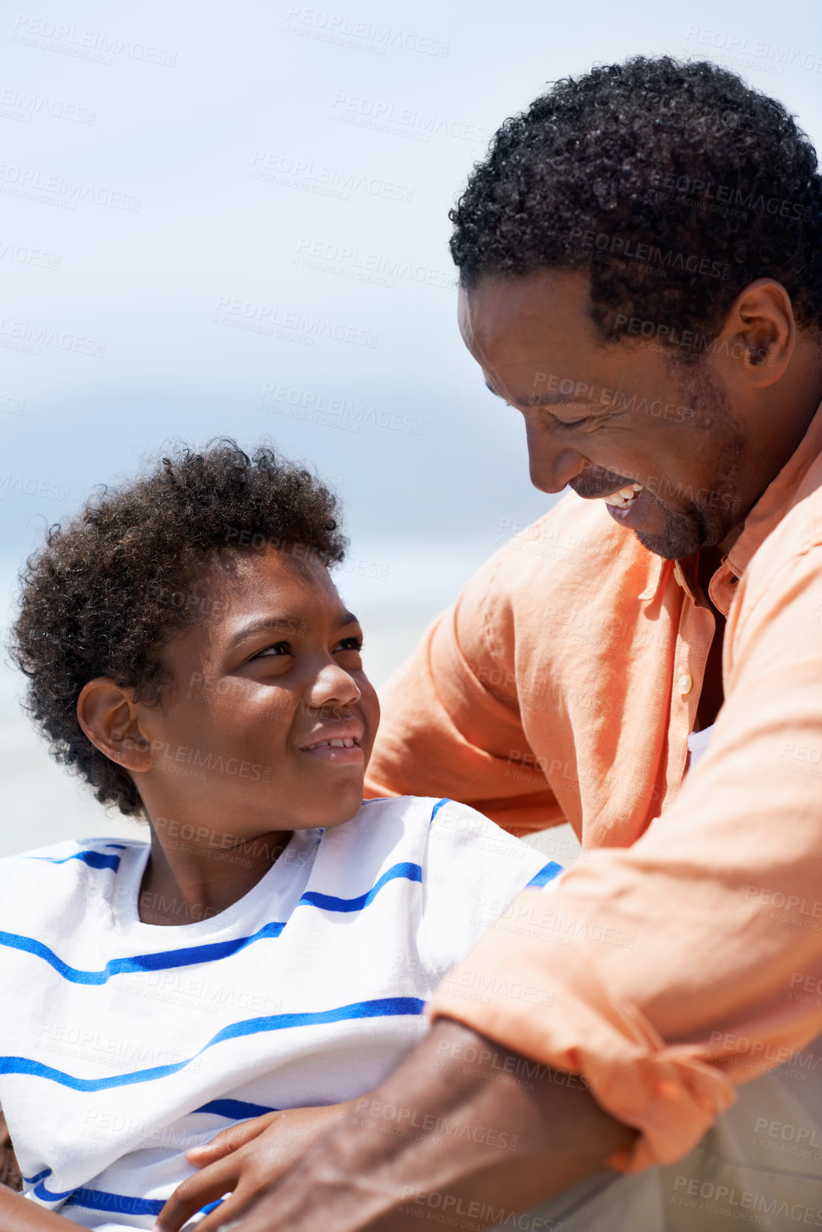 Buy stock photo Relax, smile and black child with father at beach for support, summer vacation and tropical adventure. Connection, happy and travel getaway with man and kid outdoor for family holiday and care